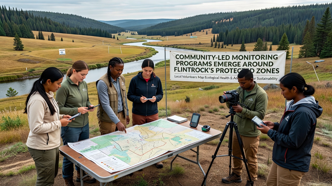 Group of residents reviewing collected environmental data on tablets near one of Flintrock's key protected sites