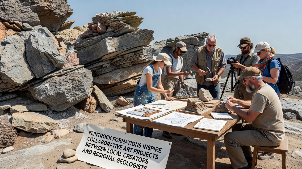 Local artists and geologists examining rock samples together near a major Flintrock outcrop