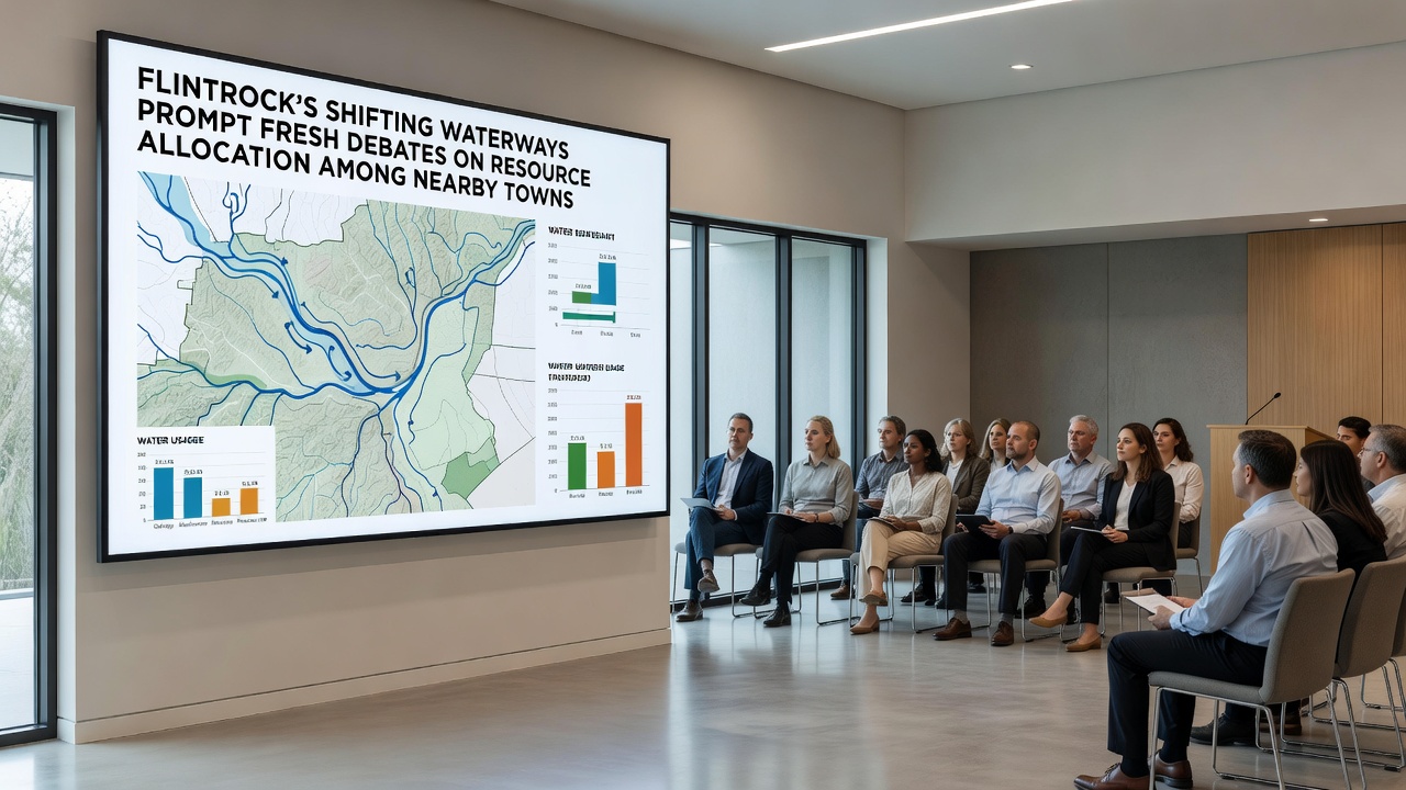 Town council meeting discussing water allocation with maps and data charts displayed